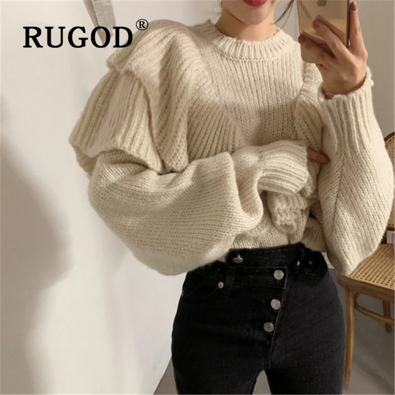 RUGOD 2020 весенний женский свитер с оборками элегантный круглым вырезом и пышными