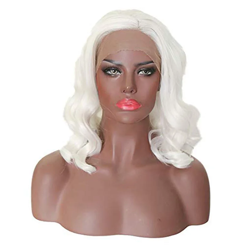 

RONGDUOYI White Synthetic Lace Front Wigs for Women Heat Fiber Fashion Brazilian Hair Short Bob Wave Wigs Side Part Wig Cosplay