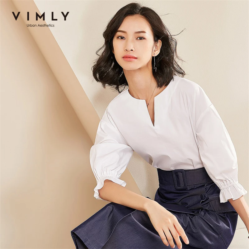 Рубашка Vimly Женская однотонная с V-образным вырезом Элегантная Модная