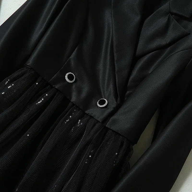Стиль Осень Женская зубчатая Лоскутная сетчатая Одежда Империя с длинным рукавом модная Кнопка Блестки Мини платье трапециевидной формы