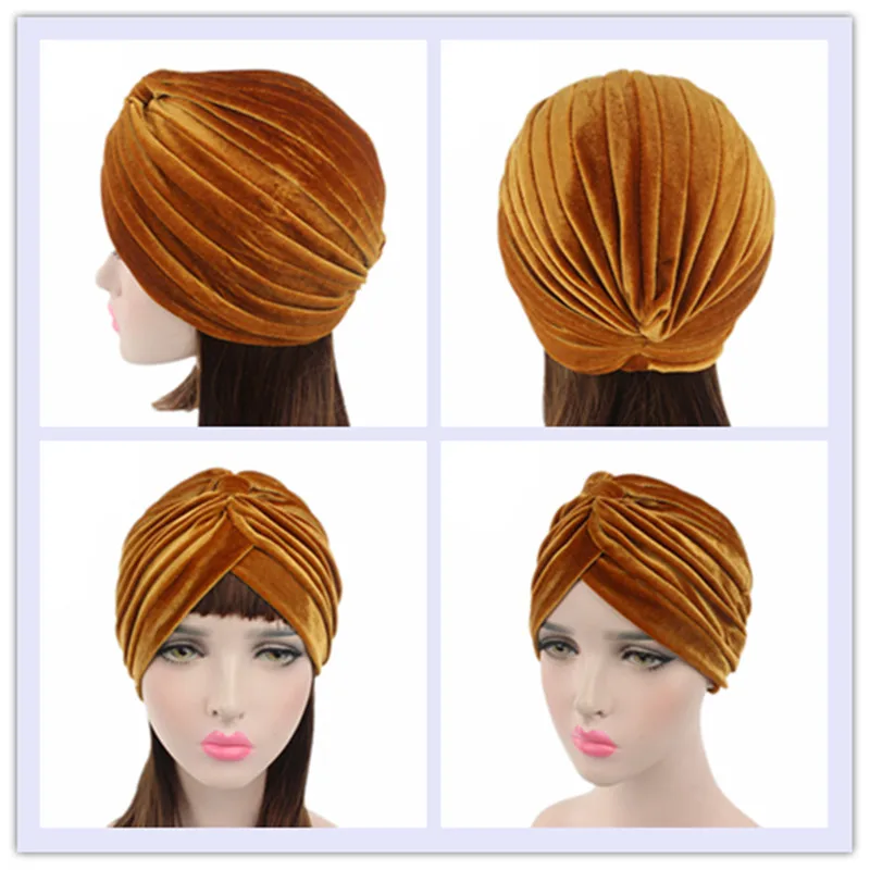 New Muslim Women Stretch Solid Velvet Turban Hats Chemo Beanie Bandana Scarf Head Wrap Cover Cap Hair Loss Accessories 5