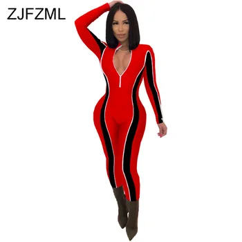 

Color Block Spliced Sexy Skinny Romper Women Front Zipper Long Sleeve Party Jumpsuit Casual Mujer Stand Collar Bodycon Playsuit