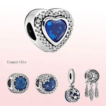 

Genuine 925 Sterling Silver Shining Blue Heart Charm Fit Original 3mm Bracelet Bangle Making Fashion DIY Jewelry For Women