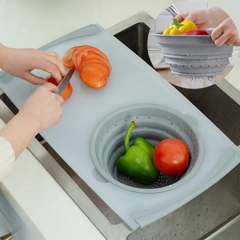 

3 in 1 Multi-Functional Kitchen Organizer Plastic Cutting Board with Folding Vegetable Fruit Drain Storage Basket
