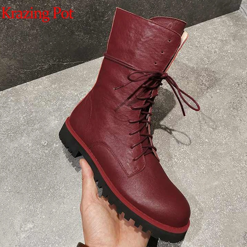

krazing pot 2020 genuine leather solid low heel model catwalk British school round toe lace up winter casual mid-calf boots l93