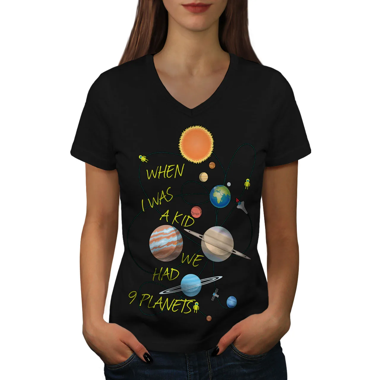 

When I Was A Kid I Had 9 Planets Womens V-Neck T-shirt, Solar Graphic Design Tee