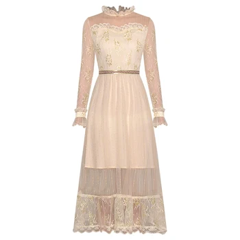 

HIGH QUALITY 2020 Newest Fashion Designer Runway Dress Women's Long Sleeve Waist Band Elegant Lace Gauze Dresss
