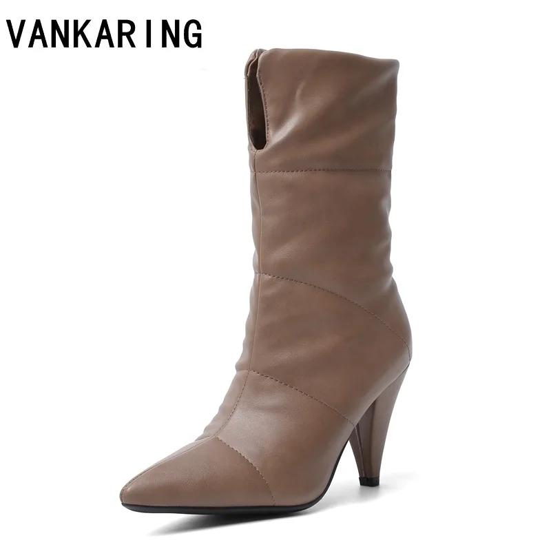 

brand shoes pointed toe high heel leather down fill warm snow ankle boots women fashion winter shoes woman booties black boots