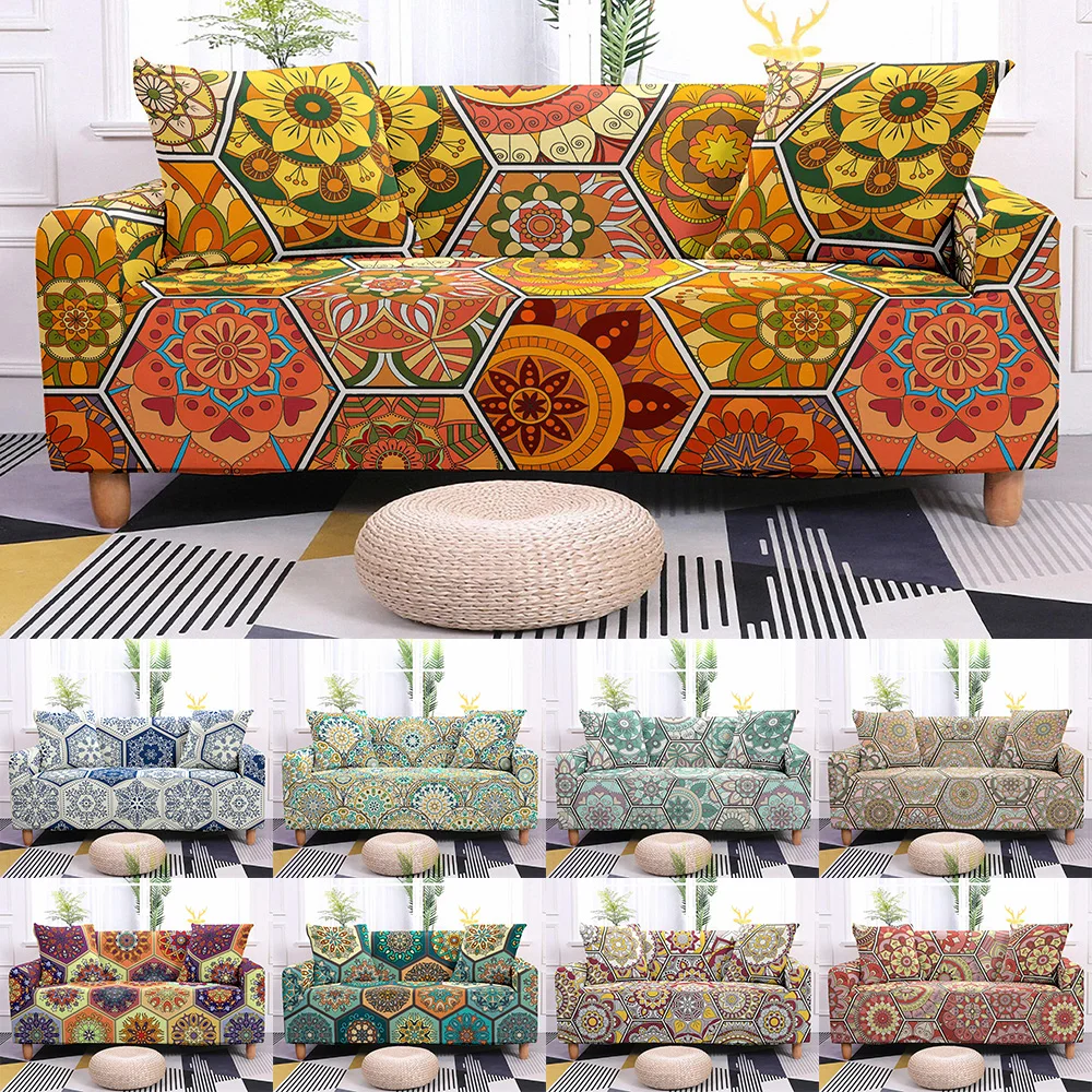 

Vintage Bohemian Flower Hexagon Geometric Sofa Cover Polyester Elastic for Living Room Sofa Chair Protective Cover 1/2/3/4 Seat