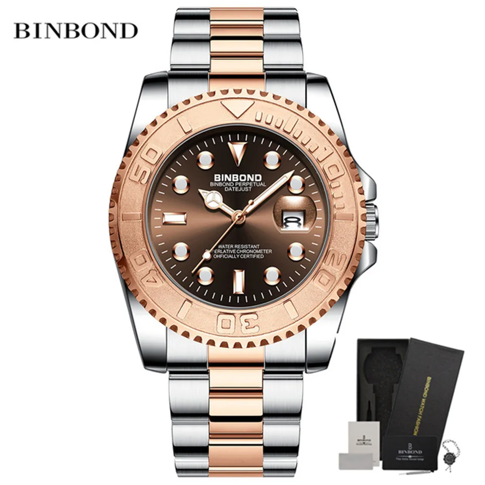 BINBOND Top Brand Luxury Fashion Men Watches Luminous Calendar Waterproof Stainless Steel Watch Quartz Business Wristwatch 