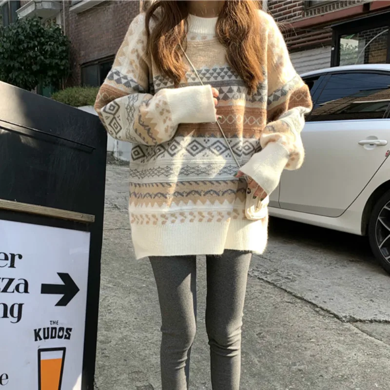 loose casual women print sweaters korean lady winter pullovers | Женская одежда