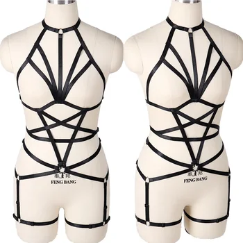 

Black Full Body Harness Sexy Lingerie Hollow Out Set Goth Cage Bra Fetish Chest Belt Bondage Strappy Adjust Tops Dance Club Rave