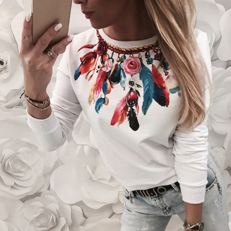 

Autumn Fashion Women Cartoon Feather Print Long Sleeve T-Shirts Round Collar Casual Lady Girls Basic Tee T Shirts Tops 2019 New