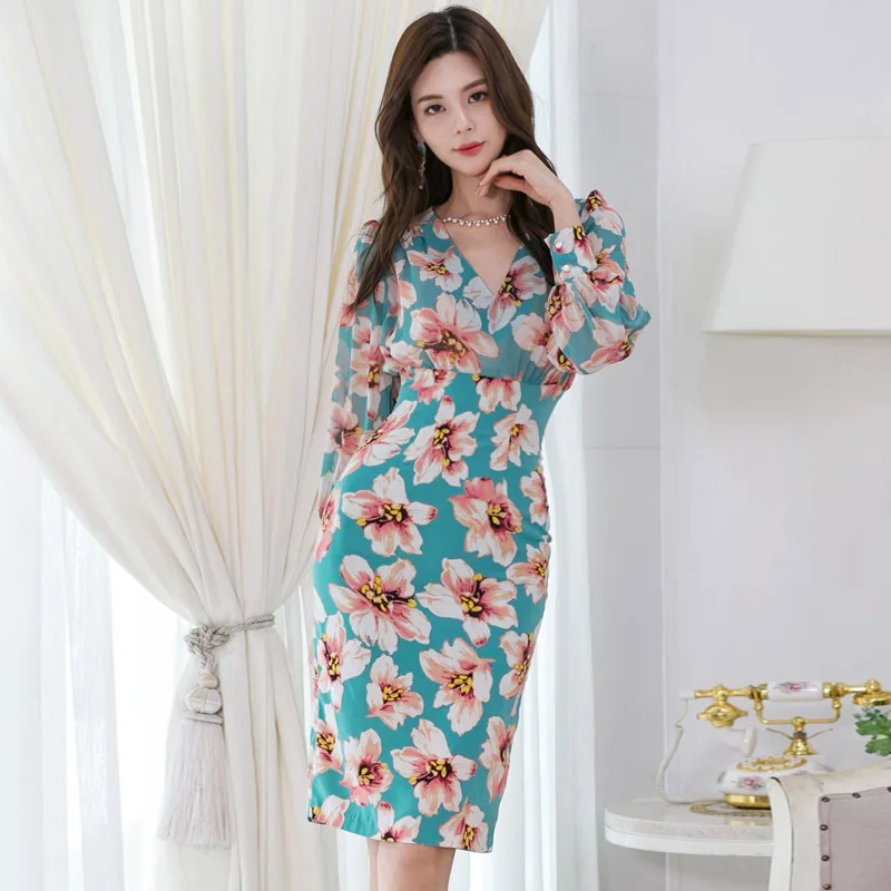

WOMEN'S Dress 2019 New Style Debutante Sexy V-neck Long Sleeve Slim Fit Slimming Floral Printed Dress Women's