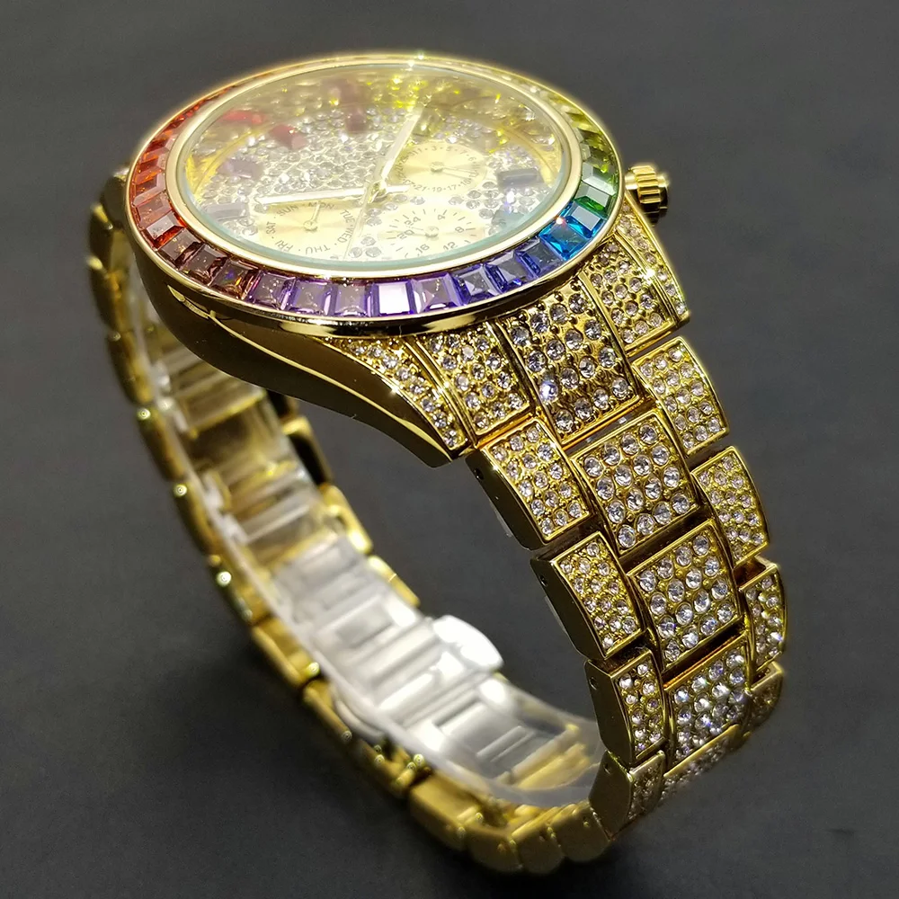 MISSFOX New Mens Watches Colorful Full Diamond Luxury Ice Out Calendar Quartz Watches Fashion Week Display Waterproof Clock 2021