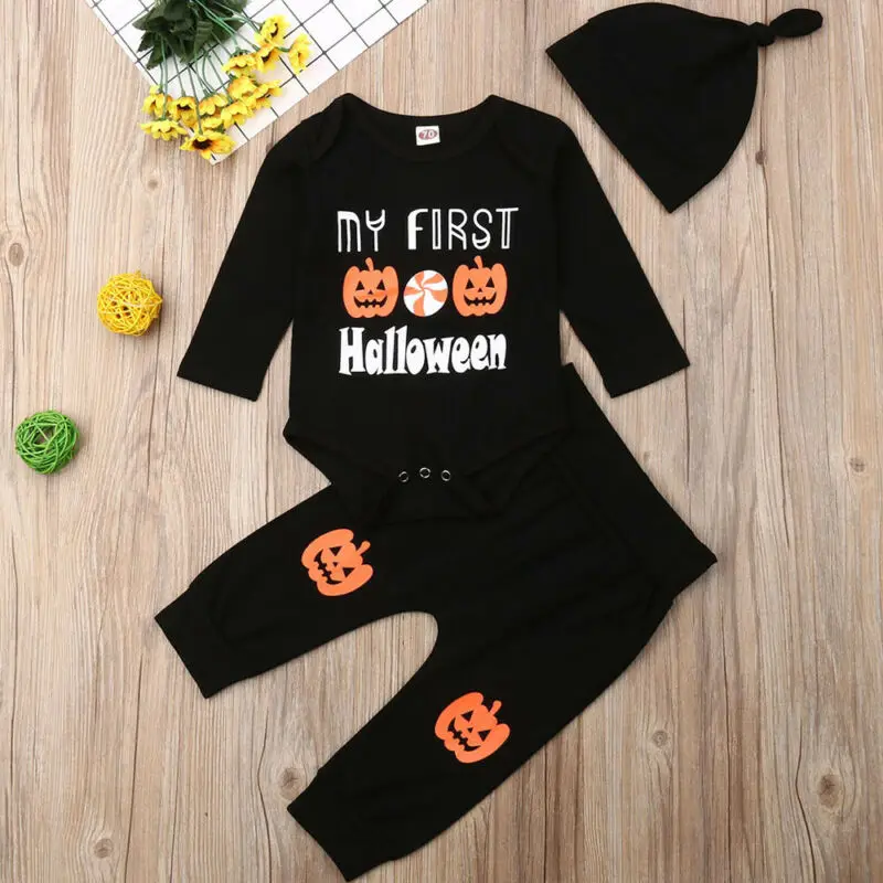 0-18M Newborn Infant Baby Boy Girl Halloween Clothing Set Pumpkin Long Sleeve Rompers + Pants + Hat Outfits