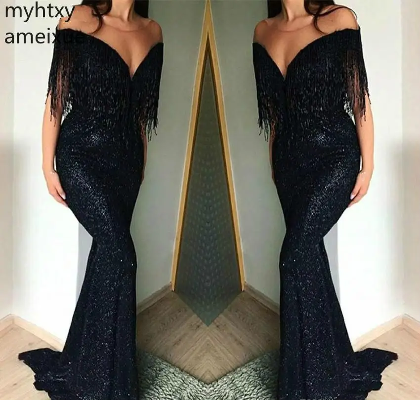 Новинка 2020 черные сексуальные платья с открытыми плечами для выпускного вечера