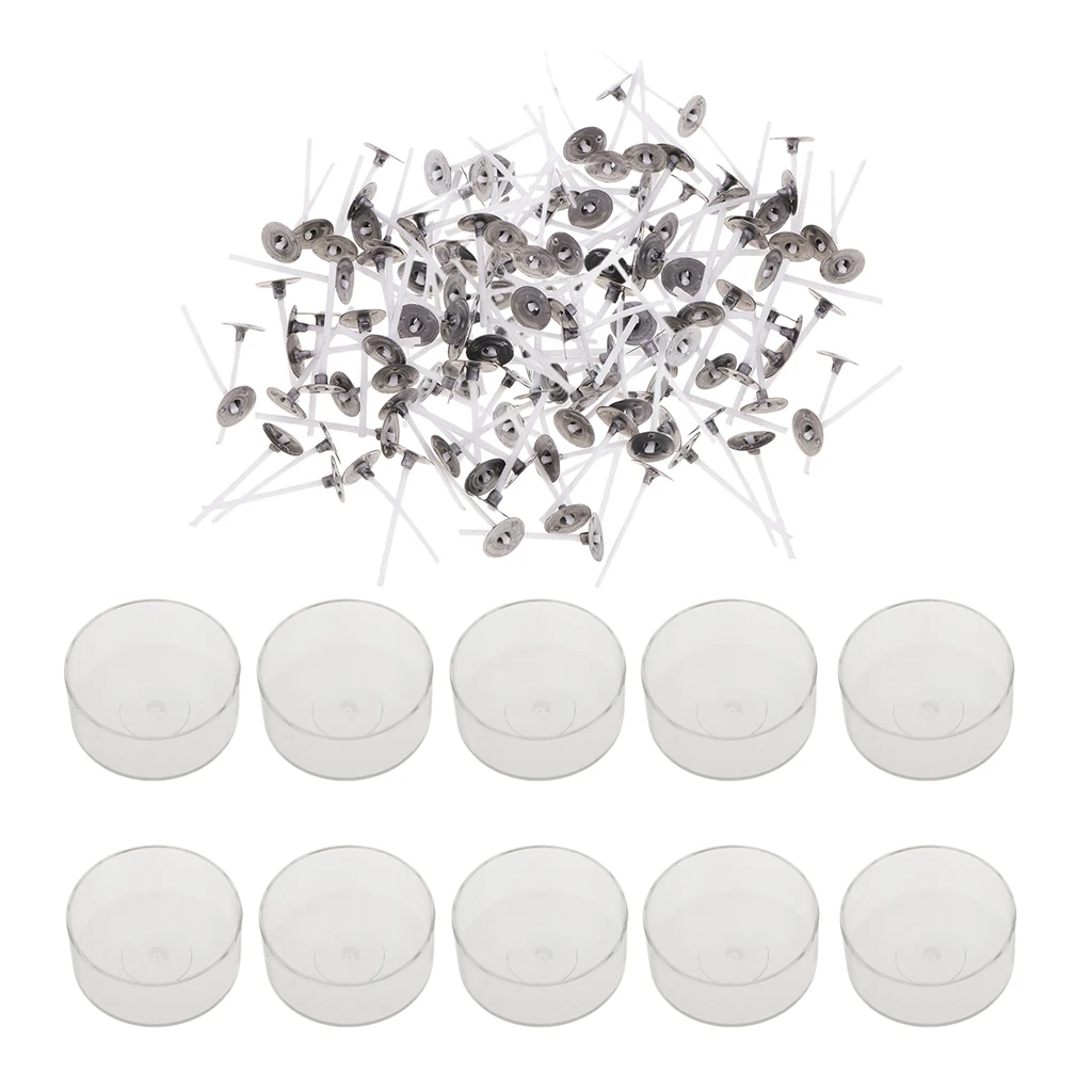 200x Pre-waxed Pre-tabbed Cotton Candle Wicks and 10 Pieces Plastic Clear Round Shape Tealight Cup Empty Case Candle Making Mold