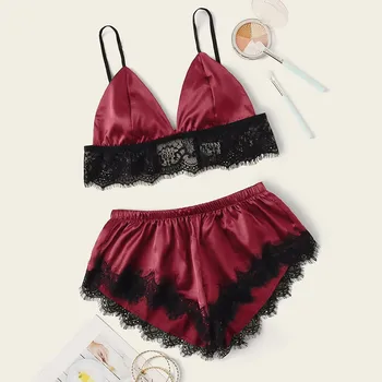 

Sexy Women Pajamas Sleepwear Lace Crop Strap Camis And Shorts Suit Silk Satin Underwear Sleepwear Pajamas Women Set Pyjama Femme