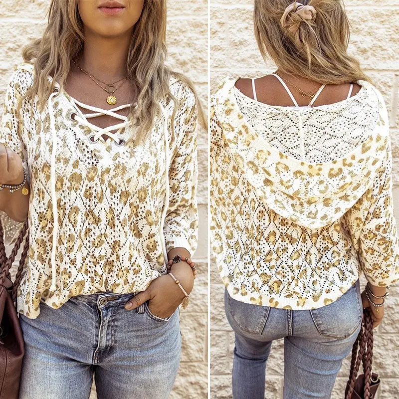 

Women's Mustard Yellow Print Autumn/Winter Sweaters Tops Long Sleeve Hooded Pullover Strappy Cutout Sweater Pullover