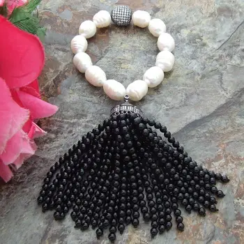 

S072012 Onyx White Rice Freshwater Pearl Bracelet CZ Pave Fringle