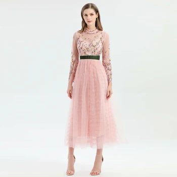 

Bohemia Vintage Embroidery Flowers Long Sleeves Sexy Mesh See-Through Cake Dress Mid-Length Dress Banquet New Women'S Clothing