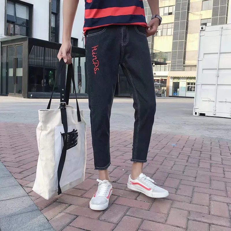 Men's Fashion Trend Baggy Jeans Streetwear Loose Holes Printing Jeans Casual Ankle Length Pencil Pants Plus Size