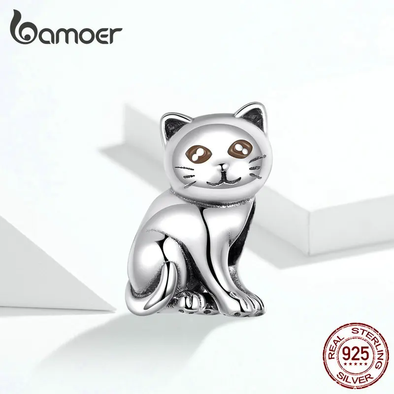 bamoer Cute Baby Cat Metal Beads Charm for Women European Luxury Bracelet 925 Sterling Silver Fashion Jewelry SCC1305