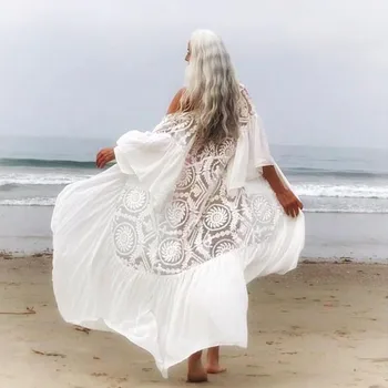 

2020 New Bikini Cover-ups Sexy Belted Summer Dress White Lace Cotton Tunic Women Plus Size Beach Wear Swim Suit Cover Up