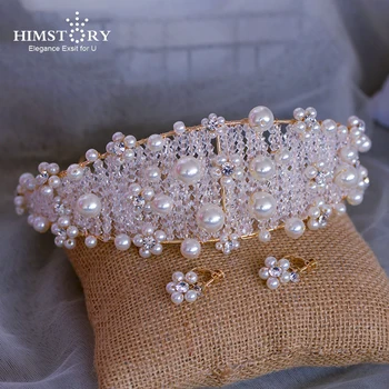 

HIMSTORY Gorgeous Handmade Pearls Royal Wedding Tiara Crowns Crystal Brides Headbands Evening Hair Jewelry Bridal Hair Accessory