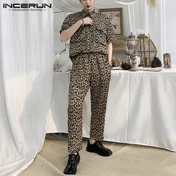 

INCERUN Fashion Leopard Print Men Sets Short Sleeve Shirts Casual Pants Party Chic Pockets Streetwear 2020 Men Suit 2 Pieces 7