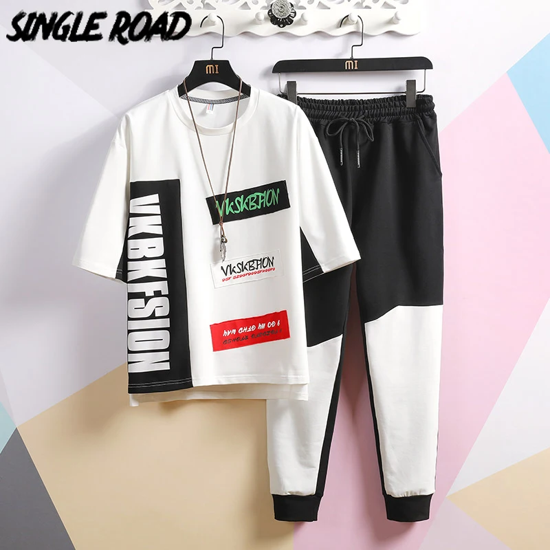 

SingleRoad Men's Japanese Streetwear Sets Men 2020 Patchwork Print T-Shirt Sweatpants Men Hip Hop Tracksuit Korean Clothes Male