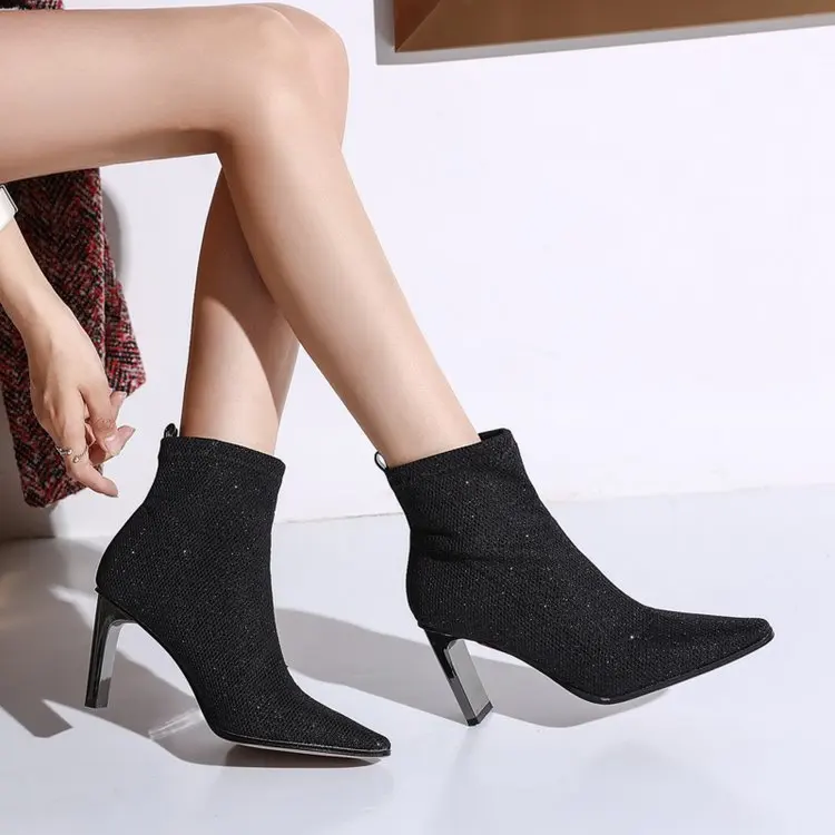 

Shiny Bling Stretch Fabric High Heel Ankle Boots Women Winter Shoes 2019 Fashion Bright Heel Pointed Toe Party Boots for Ladies