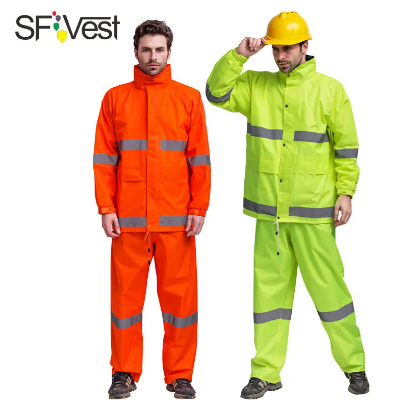 

2 PCS Jacket Pants High Visibility Reflective Safety Raincoat Waterproof Jacket+Pants Rainsuit Set Fluorescent Yellow/Orange