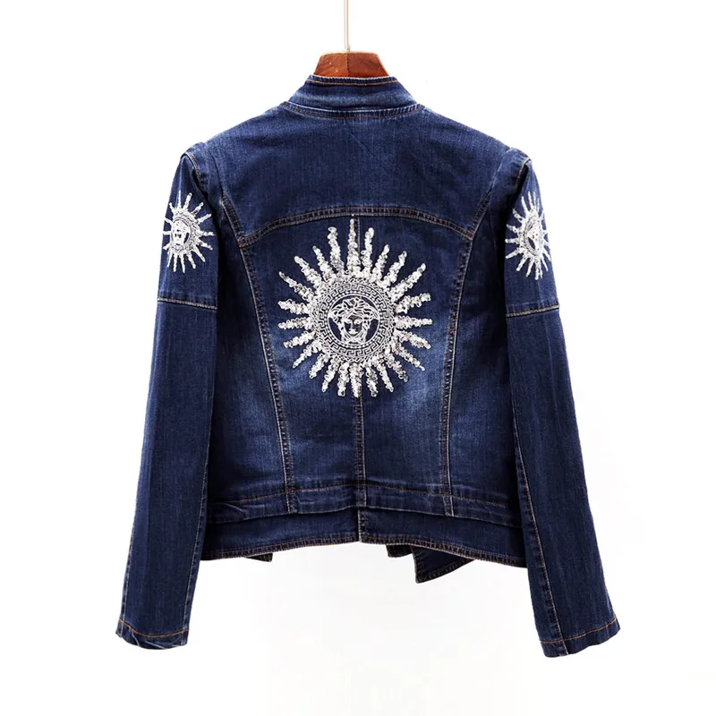 discounted 2019 Spring Women Fashion Sequins Jackets Long-sleeved Stretch Slim Denim Jacket Sun Plus Size Shor