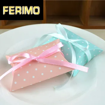 

50pcs Pillow Shape Box Pink and Blue Dots Paper Gift Candy Boxes Supply Wedding Party Accessories Favor Paper Box with Ribbon