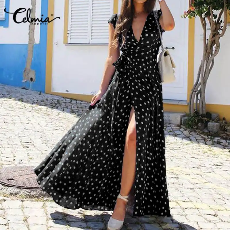 

Bohemian Polka Dot Print Long Shirt Dress Women Celmia Summer Deep V-Neck High Split Dress Ladies Short Sleeve Beach Vestido 5XL