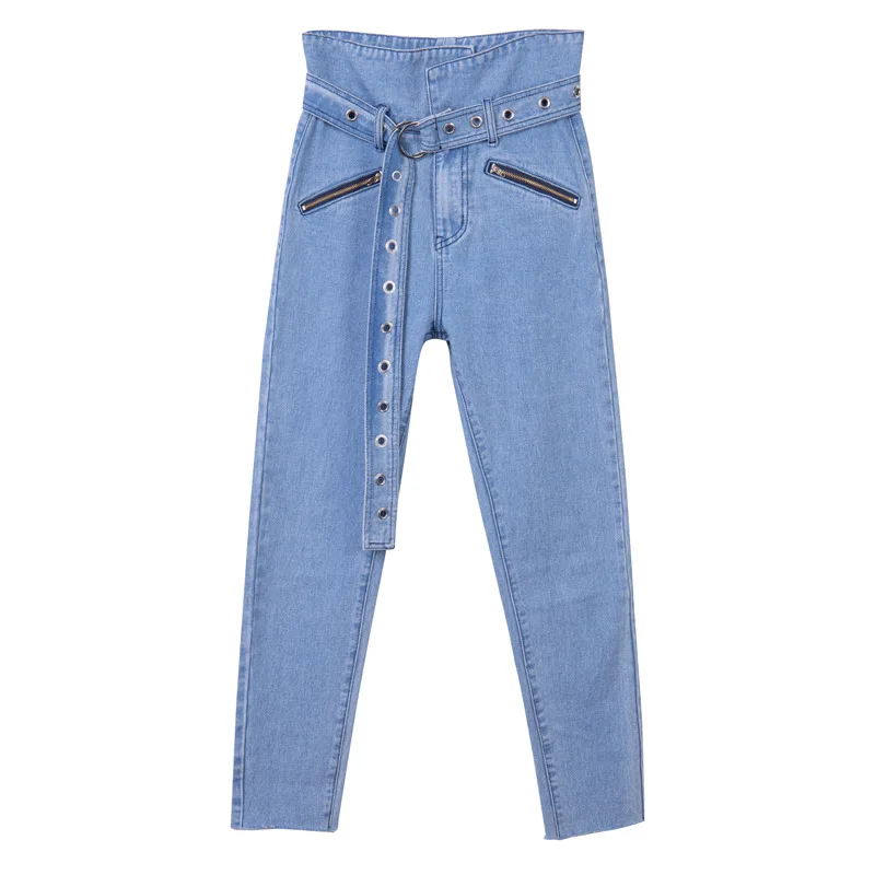 Уличная одежда, женские блестящие джинсы-карандаш с высокой талией, женские Стрейчевые джинсы с поясом, синие джинсовые штаны