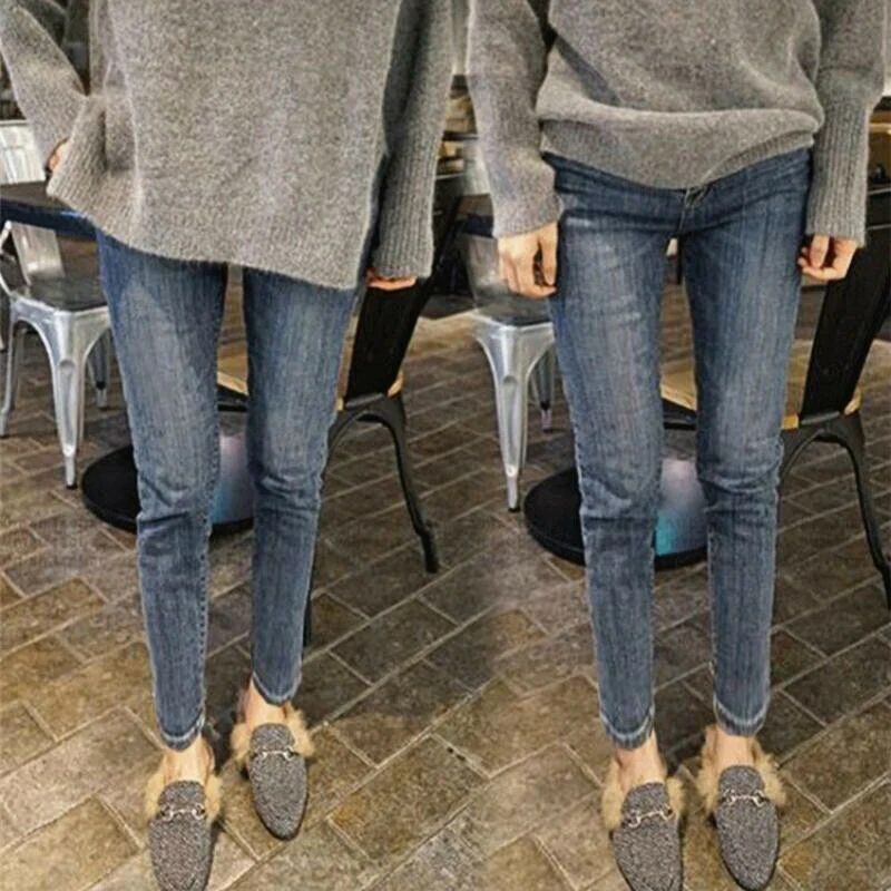 Женские теплые джинсы с высокой талией, джинсовые брюки с флисовой подкладкой, эластичные брюки, обтягивающие брюки, NFE99