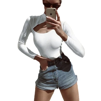 

New Sexy Solid Women Lady Long Sleeve Short Romper Hollow White Jumpsuit Stretch Bodysuit Leotard Top Blouse