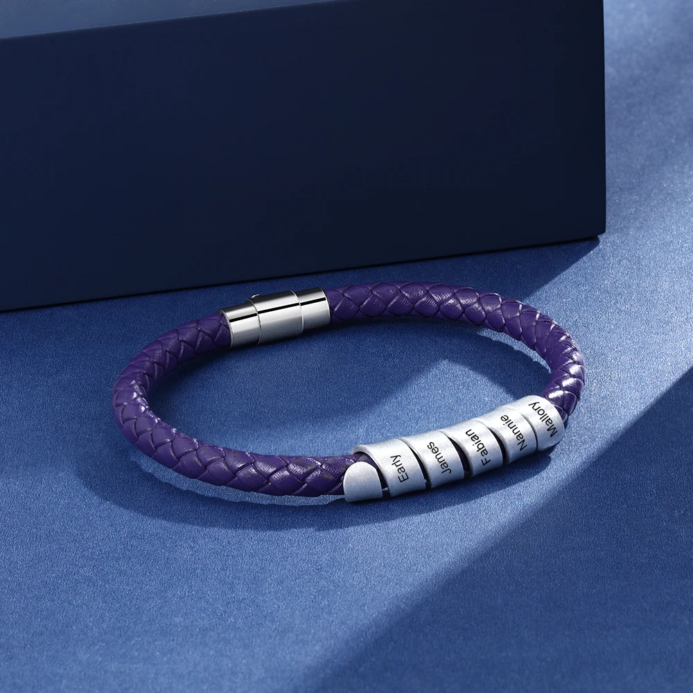 Personalized Family Names Bracelets with 5 Custom Beads Stainless Steel Purple Braided Rope Bracelets for Women Mother's Gift