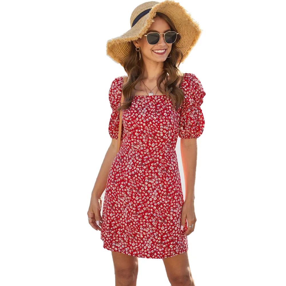 

Women Mini Dress Summer 2020 Casual Lady Red Clothes Lantern Short Sleeve Floral Print Square collar Slim Beach Dresses Elegant