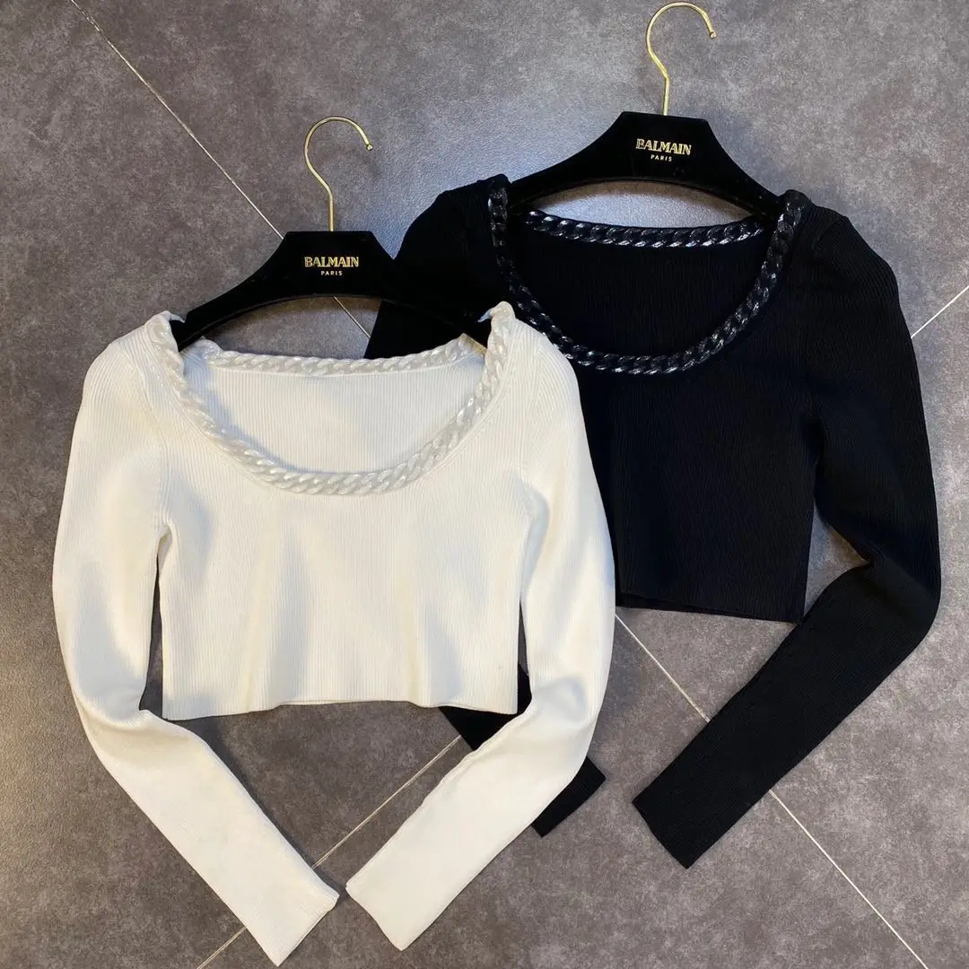 

Knitwear Woman 2020 Autumn Round Neck Long Sleeved Chain Decorative Stretch Sweater Shirt Women Cropped Jumper Lady Slim Top