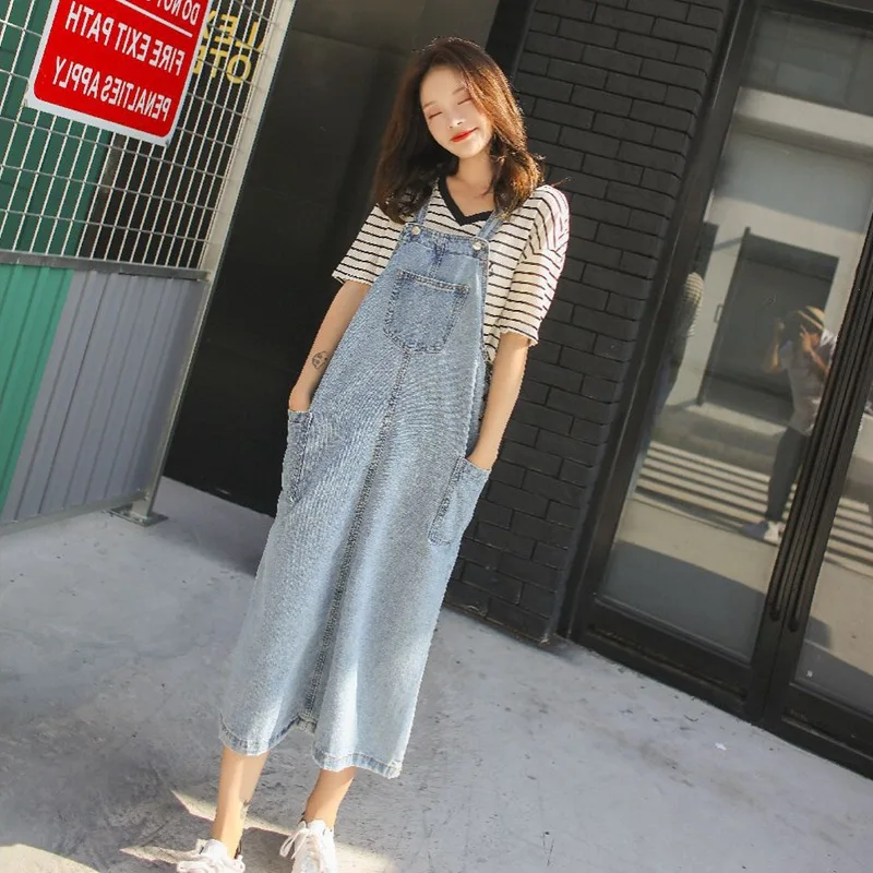 

Photo Shoot INS Light Blue Large Pocket Cowboy Strap Dress Women's Summer by Age Loose Straight Strapped Dress Students