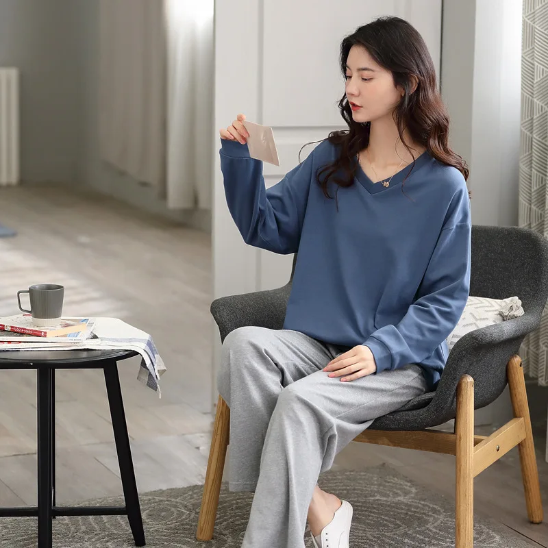 

New Style Pajamas Women Spring And Autumn Pure Cotton Long-Sleeved Simple Sports And Leisure Two-Piece Home Service