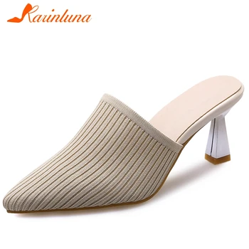 

KARINLUNA Big Size 34-43 New Ladies Party Ol Sexy Mules Fashion Pointed Toe Slip On Slippers Women High Heels Shoes Woman