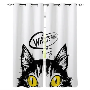 

Animal Cat Peep Who Is There Window Curtains LivingRoom Kitchen Curtains Left and Right Biparting Open