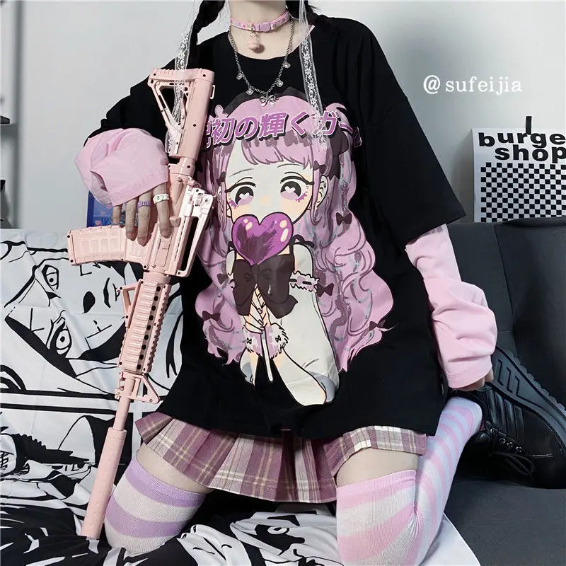 Футболка женская с длинным рукавом милая Свободная рубашка принтом аниме милый