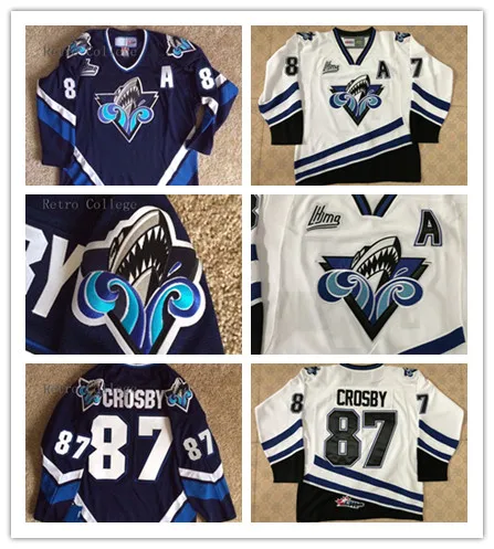 

#87 SIDNEY CROSBY OCEANIC RIMOUSKI WHITE BLUE Retro throwback Hockey Jersey Embroidery Stitched Customize any number and name