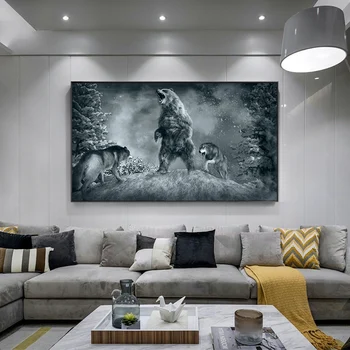 

Bear and wolf fight illustration Painting on Canvas Cuadros Posters and Prints Wall Art Picture for Living Room Bedroom Decor